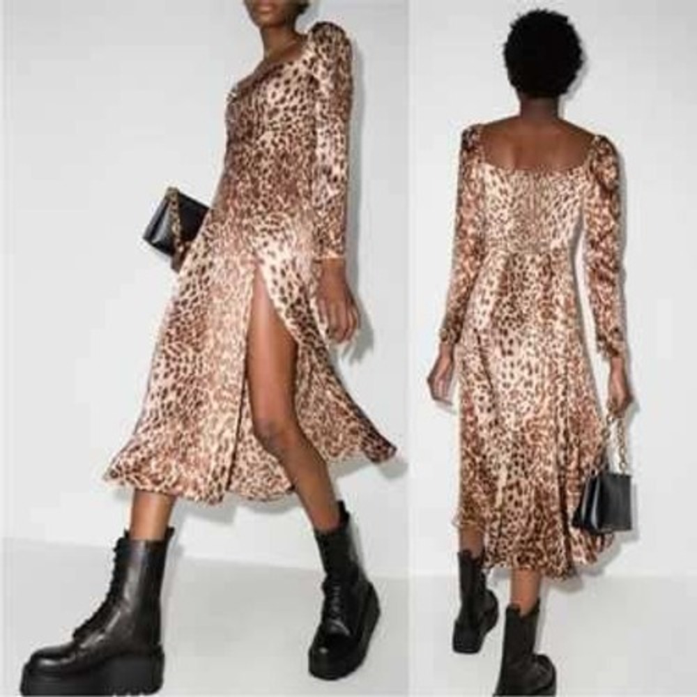 Reformation Maryanne‎ dress size 2 silk midi animal print off shoulder